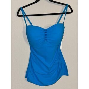 Gottex‎ Blue Tankini Top| Sz 14 Ruched Bust Lattice Detail, Flattering Swimwear